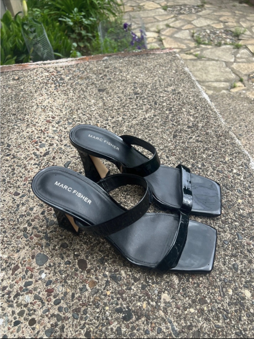 Marc Fisher Black Patent Square-Toe Heeled Sandals